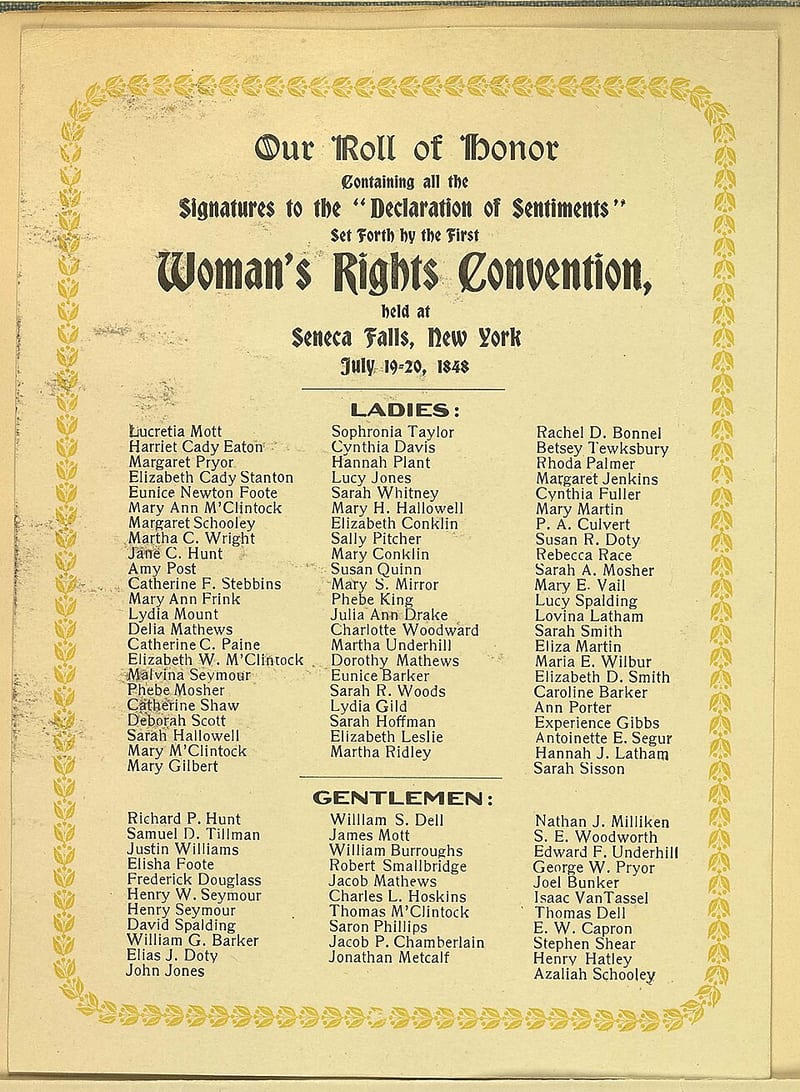 Souvenir card listing the signers of the Declaration of Sentiments, 1848
