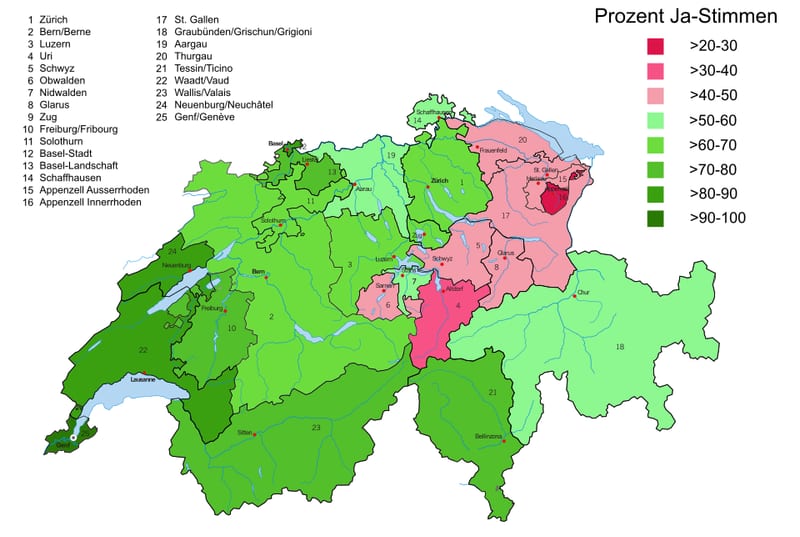 Results of the 1971 Swiss referendum on women's suffrage, by canton
